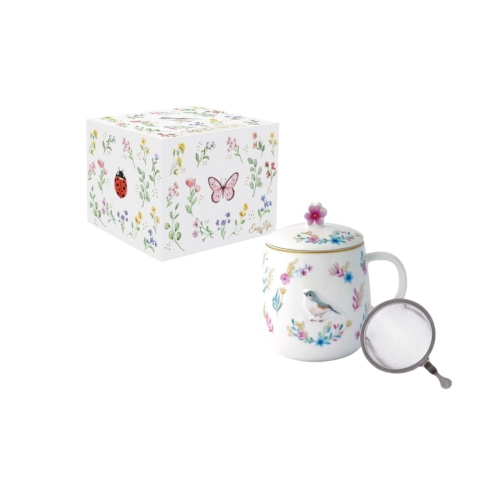Magiczny Ogród Ptaszek – Kubek Porcelanowy z Pokrywka i Zaparzaczem w Ozdobnym Pudełku 450 ml