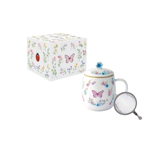 Magiczny Ogród Motyl – Kubek Porcelanowy z Pokrywka i Zaparzaczem w Ozdobnym Pudełku 450 ml